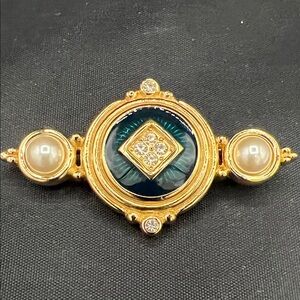Burberry Gold and Blue Brooch with Pearl Details